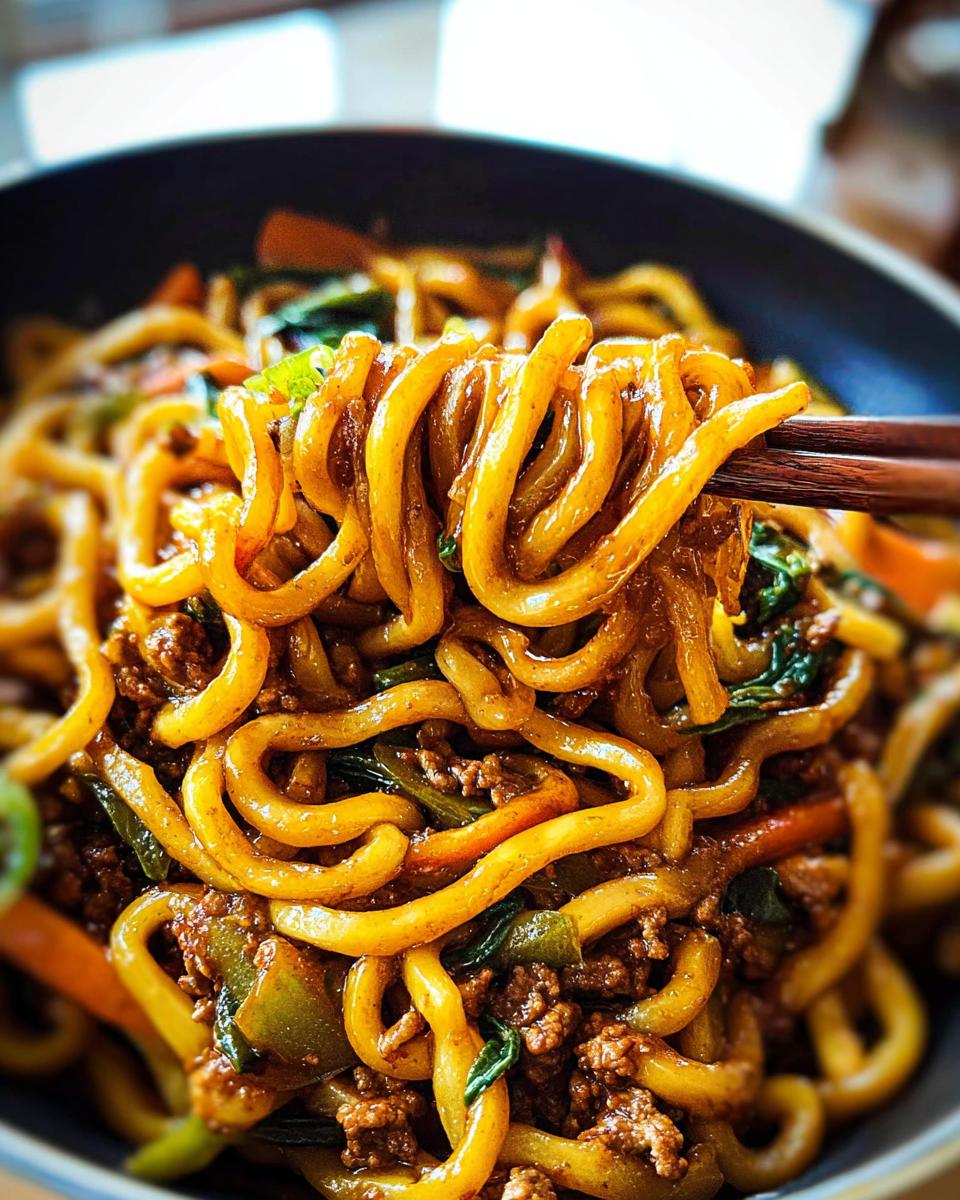 Close-up of chopsticks lifting thick, glossy noodles from a bowl of Irresistible Yaki Udon Noodle Recipe.