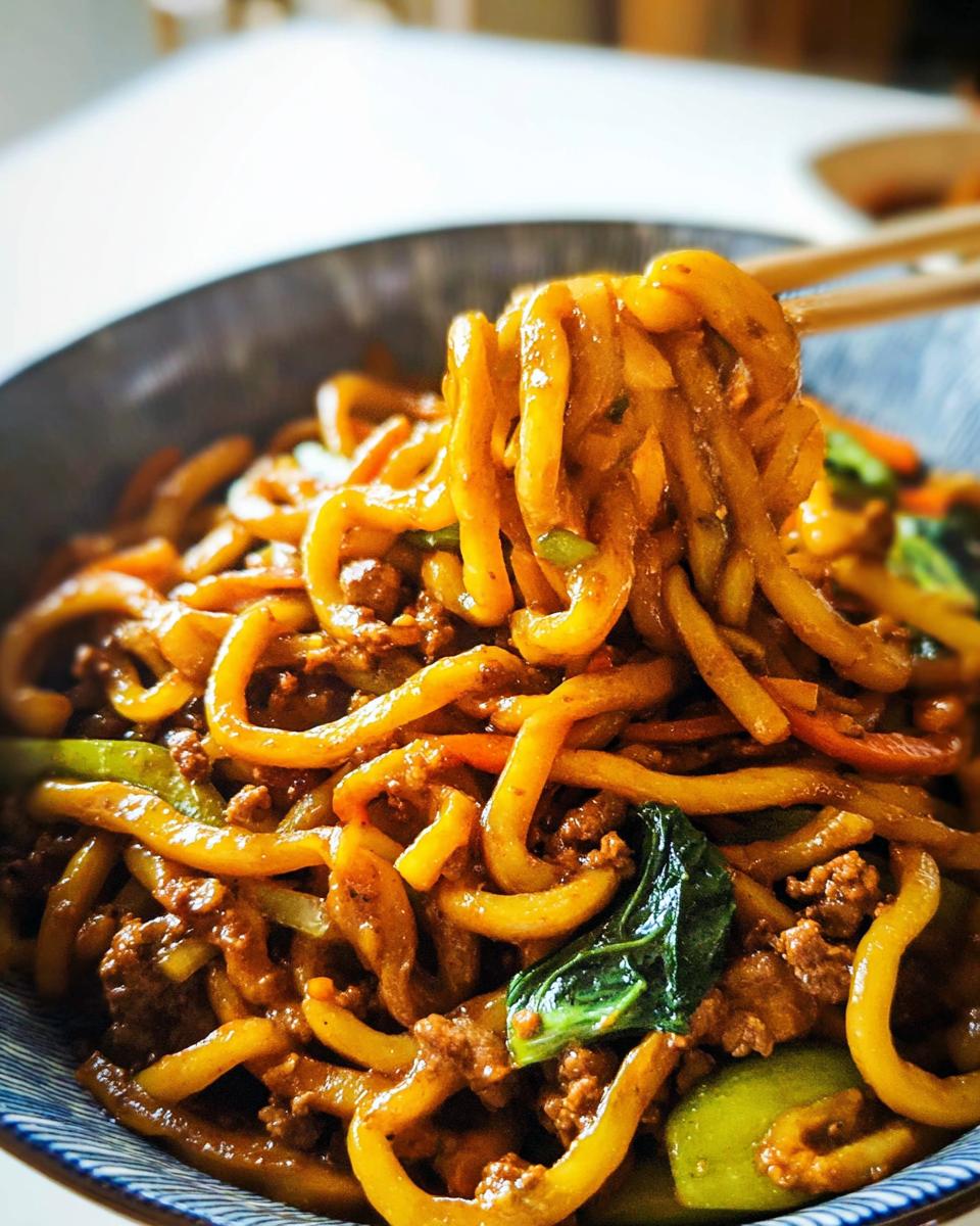 Close-up of a bowl of Irresistible Yaki Udon Noodles with ground meat and vegetables, being lifted by chopsticks.