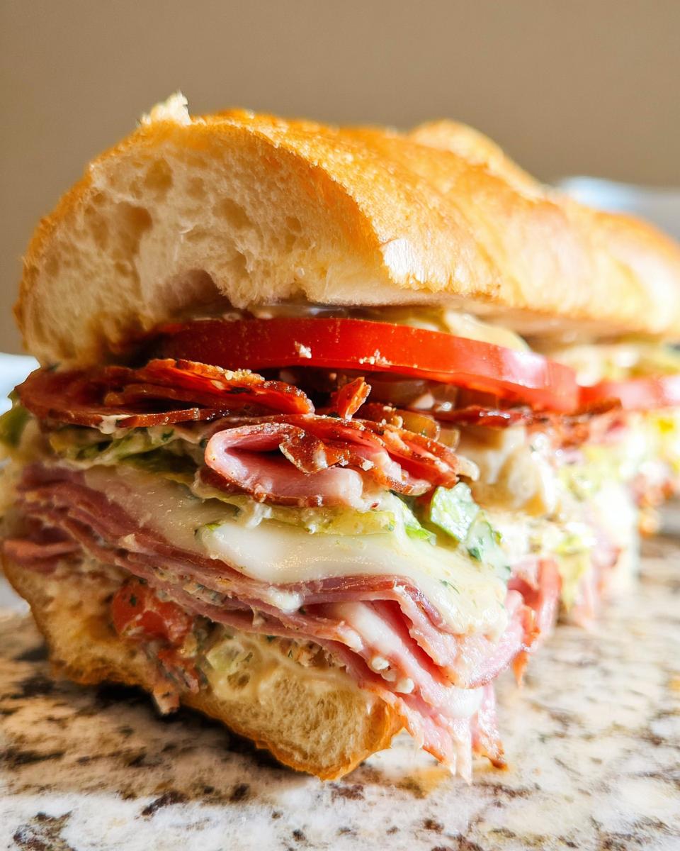 Close-up of a delicious Italian Grinder Salad Sandwich, showing layers of deli meats, cheese, lettuce, tomato, and dressing on a hoagie roll.