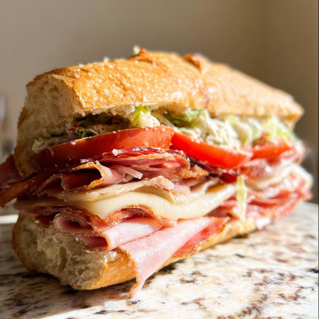 A close-up of a loaded Italian Grinder Salad Sandwich with layers of deli meats, cheese, tomato, and lettuce.