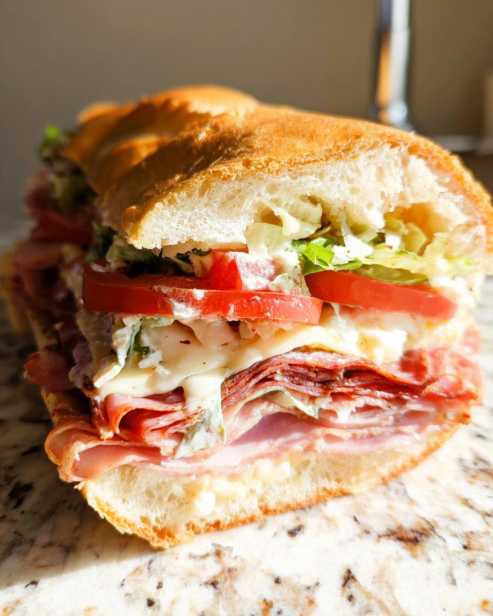 Close-up of a loaded Italian Grinder Salad Sandwich with layers of meat, cheese, lettuce, tomato, and dressing on a sub roll.