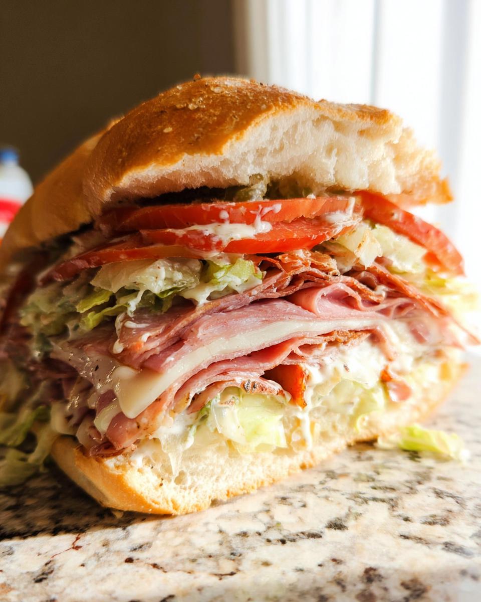 Close-up of a delicious Italian Grinder Salad Sandwich overflowing with various meats, cheese, lettuce, tomato, and dressing.