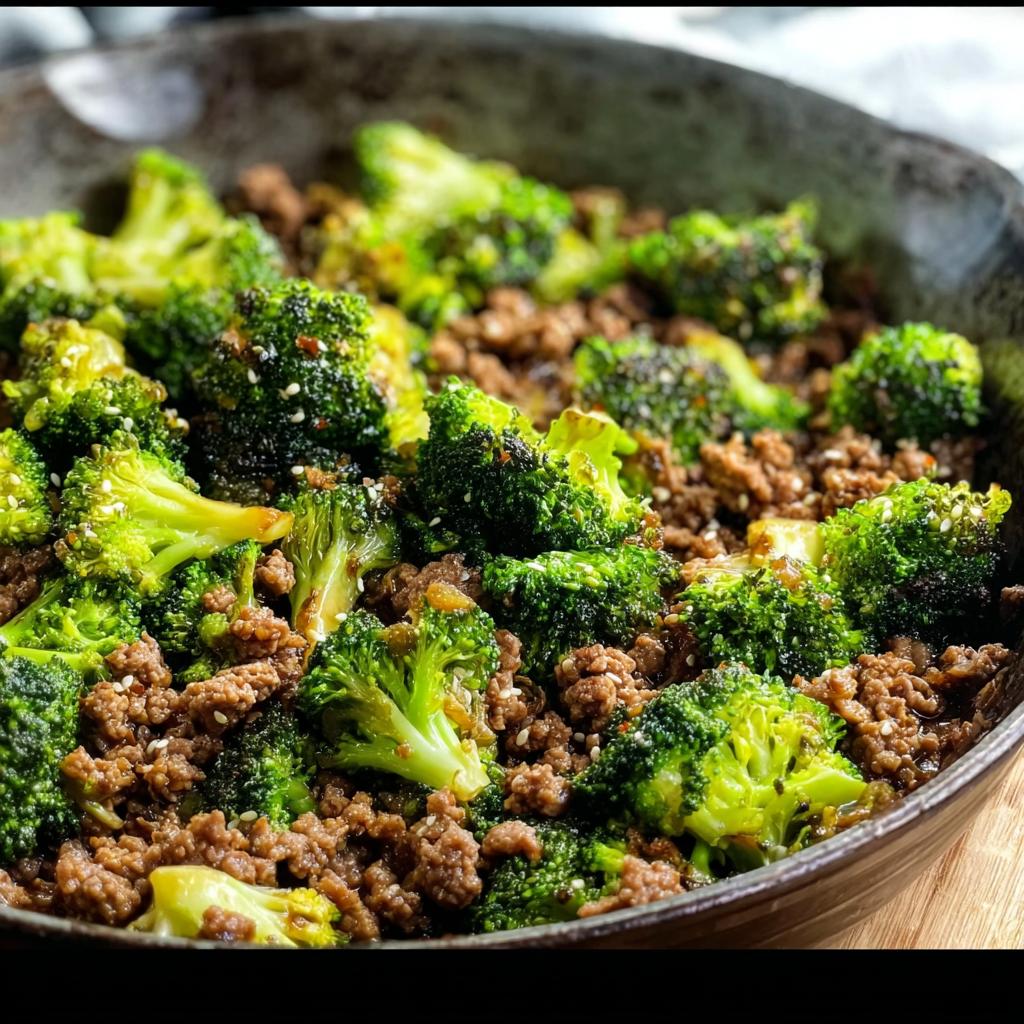 A close-up view of a Keto Hamburger Broccoli Skillet in a dark pan, showcasing seasoned ground beef and vibrant broccoli florets sprinkled with sesame seeds.