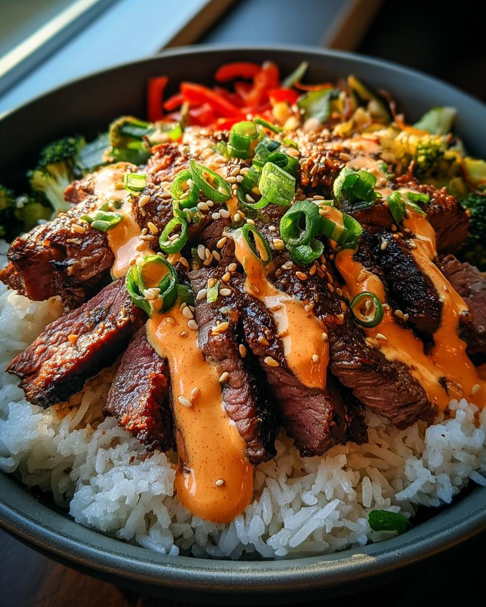 Close-up of Korean BBQ Steak Rice Bowls topped with spicy cream sauce, green onions, and sesame seeds.