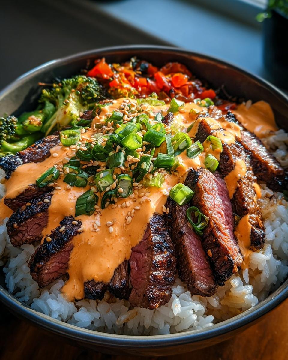 A close-up of Korean BBQ Steak Rice Bowls, featuring sliced steak, rice, vegetables, and a drizzle of spicy cream sauce.