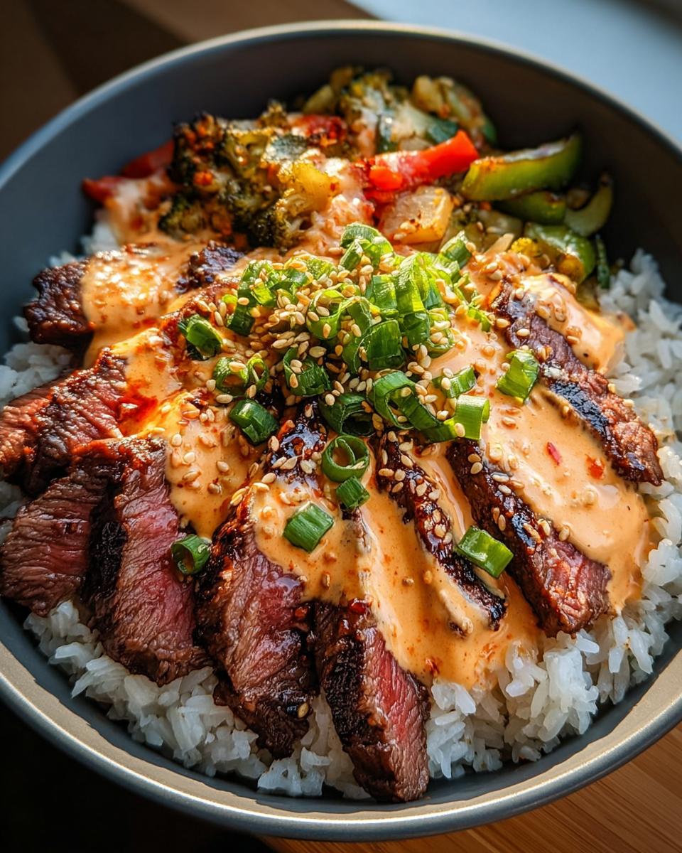 Close-up of Korean BBQ Steak Rice Bowls topped with spicy cream sauce, sesame seeds, and green onions.