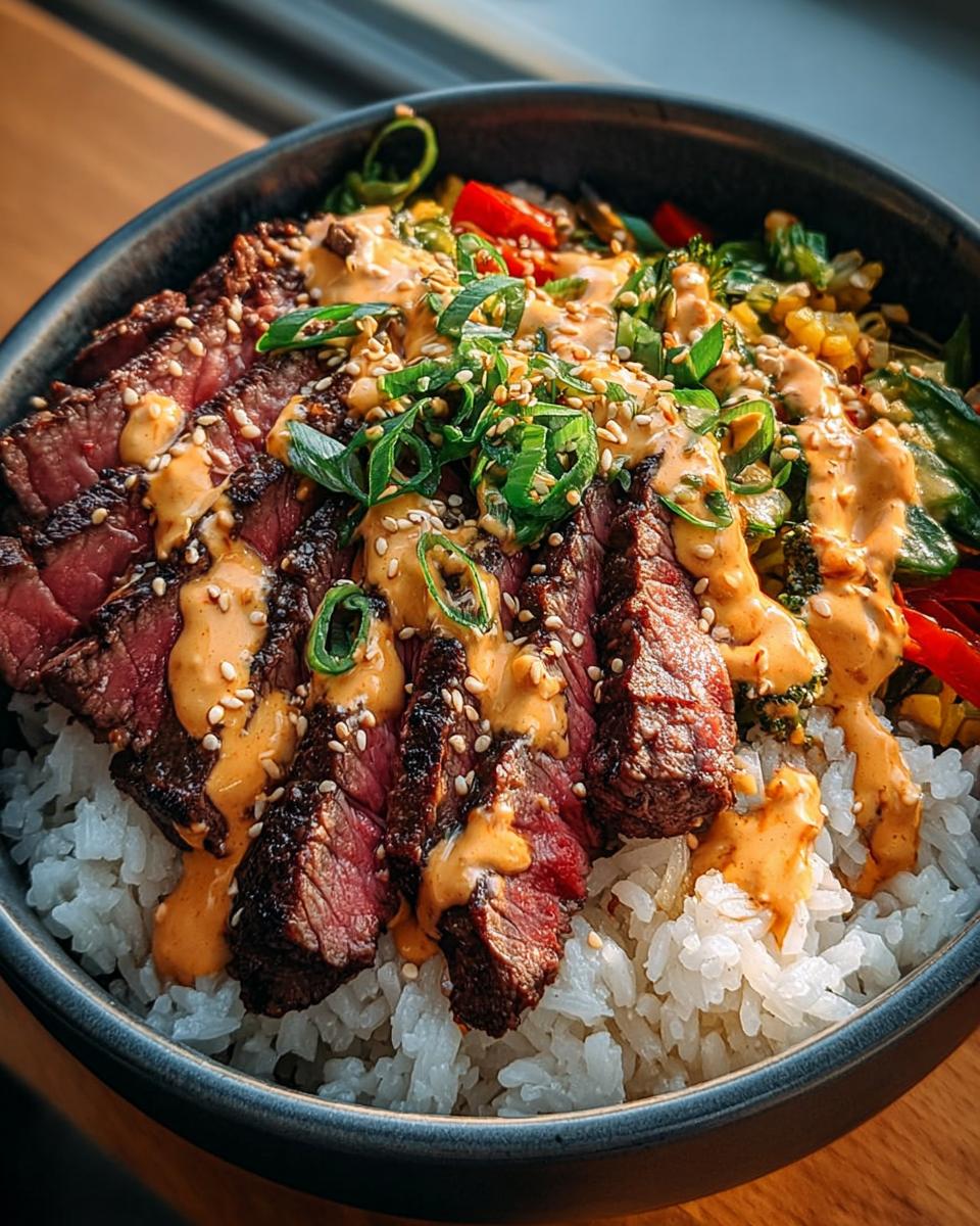 A close-up of Korean BBQ Steak Rice Bowls topped with spicy cream sauce, sesame seeds, and green onions.