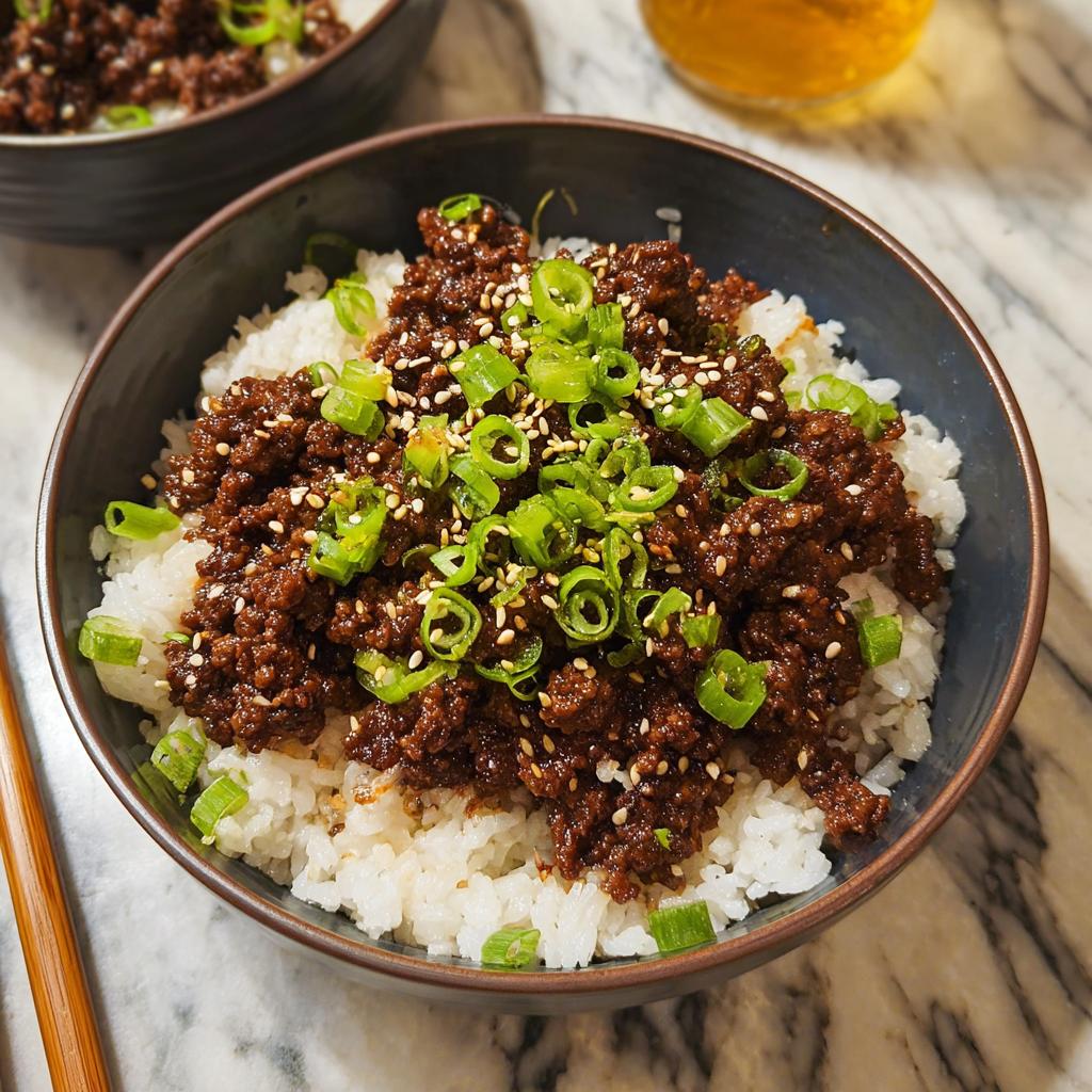 A close-up of a Korean Ground Beef Bowl, featuring seasoned ground beef over white rice, topped with green onions and sesame seeds.