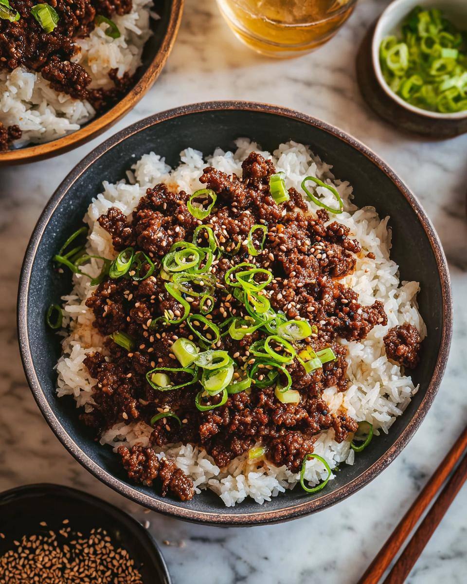 A close-up of a Korean Ground Beef Bowl, featuring seasoned ground beef over fluffy white rice, topped with chopped green onions and sesame seeds.