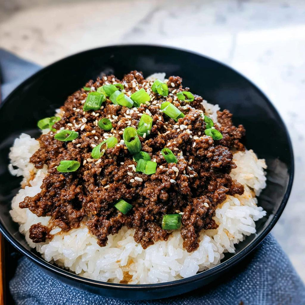 A close-up of a Korean Ground Beef Bowl, featuring seasoned ground beef over fluffy white rice, topped with sesame seeds and chopped green onions.