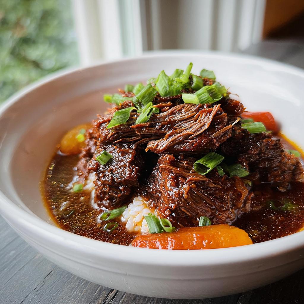 A bowl of tender Korean Style Pot Roast served over white rice, garnished with chopped green onions.