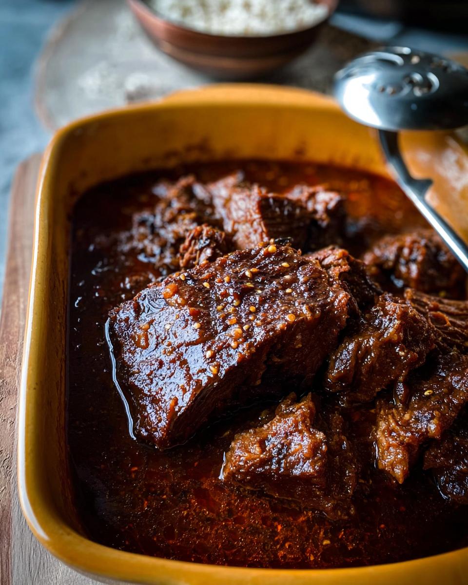 Close-up of tender chunks of Korean Style Pot Roast simmering in a rich, dark sauce with sesame seeds.
