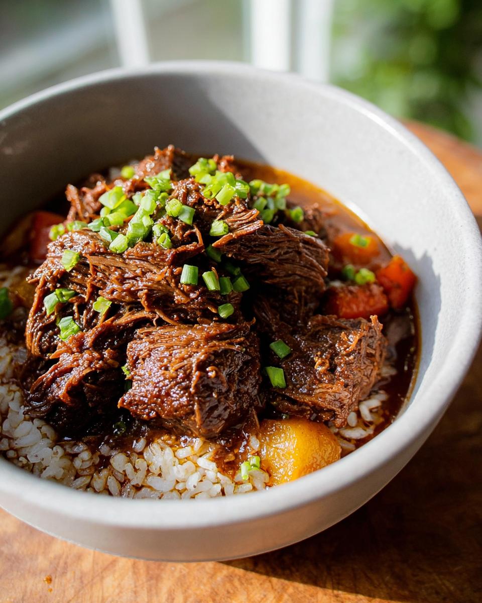 A bowl of Korean Style Pot Roast served over white rice, topped with chopped green onions.