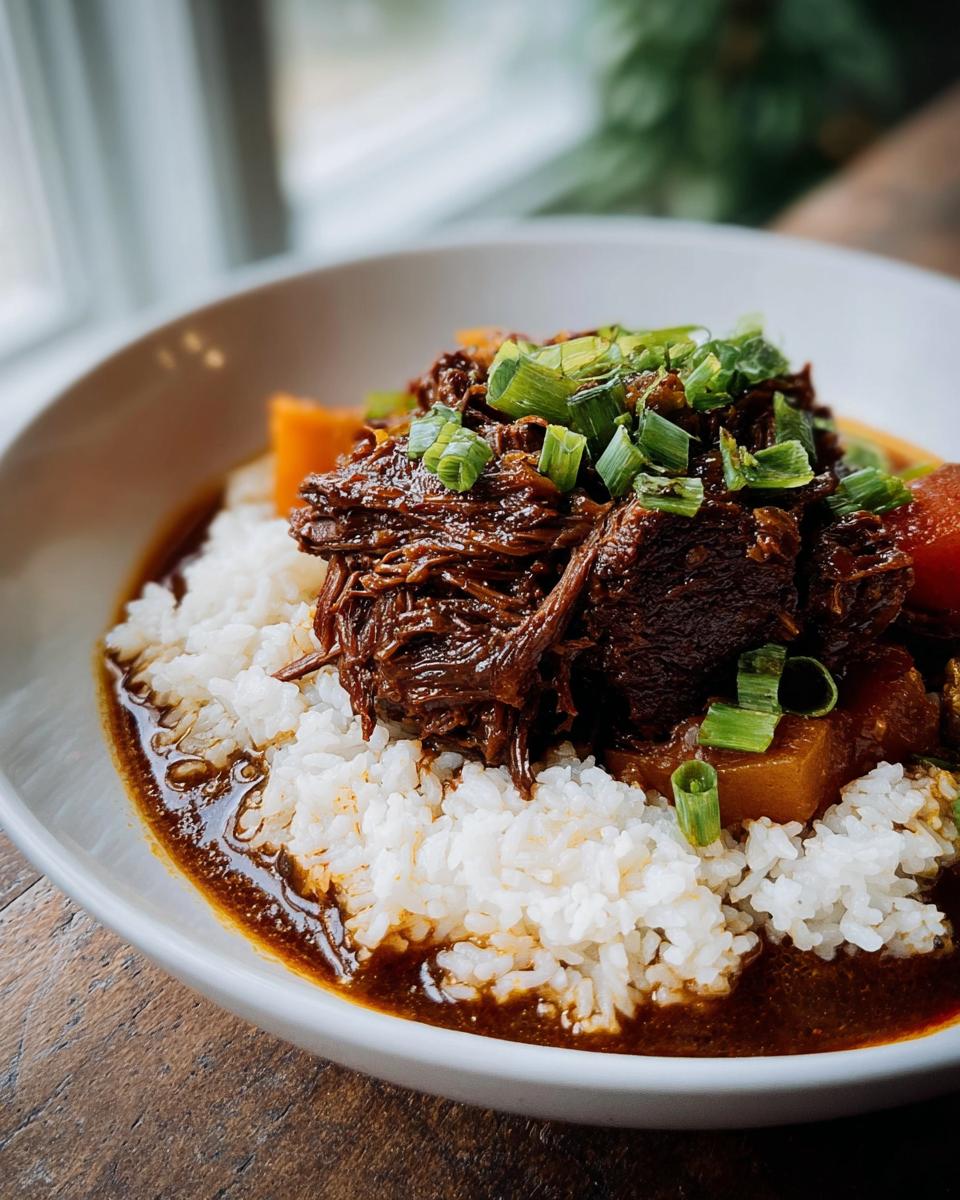 A bowl of Korean Style Pot Roast served over white rice, garnished with chopped green onions.