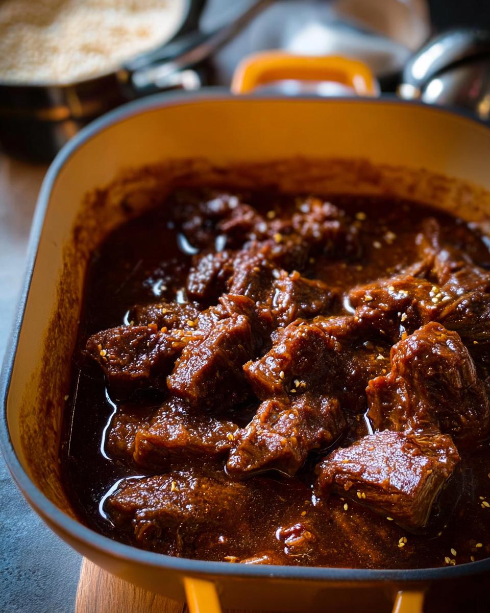 Close-up of tender chunks of Korean Style Pot Roast simmering in a dark, rich sauce, garnished with sesame seeds.