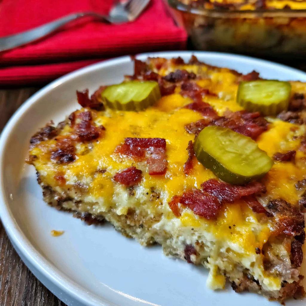 A slice of delicious Low-Carb Bacon Cheeseburger Casserole topped with melted cheese, bacon, and pickles.