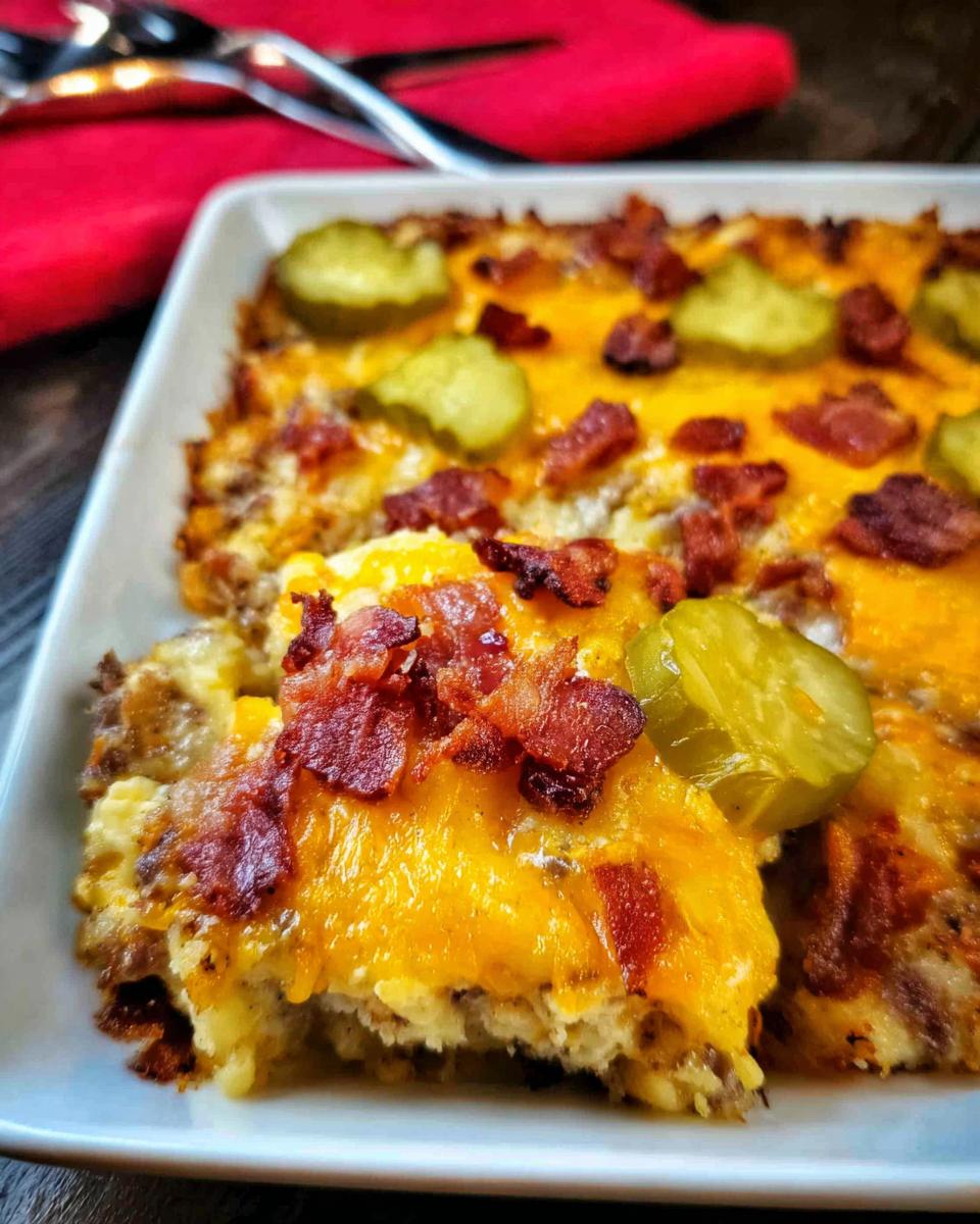 A slice of Low-Carb Bacon Cheeseburger Casserole topped with melted cheese, crispy bacon, and pickle slices.