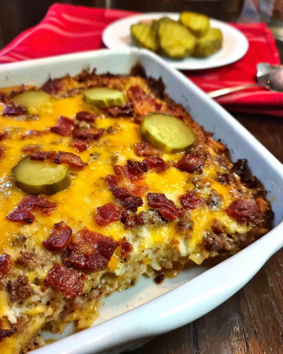 A freshly baked Low-Carb Bacon Cheeseburger Casserole in a white baking dish, topped with melted cheese, bacon, and pickles.