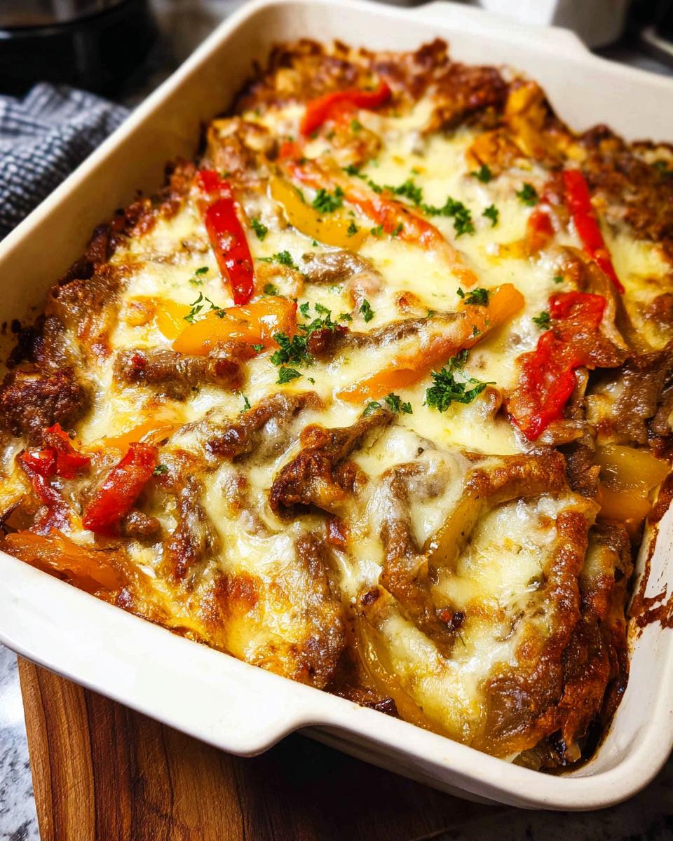 A baked Low Carb Philly Cheesesteak Casserole in a white dish, topped with melted cheese, red and yellow bell peppers, and parsley.
