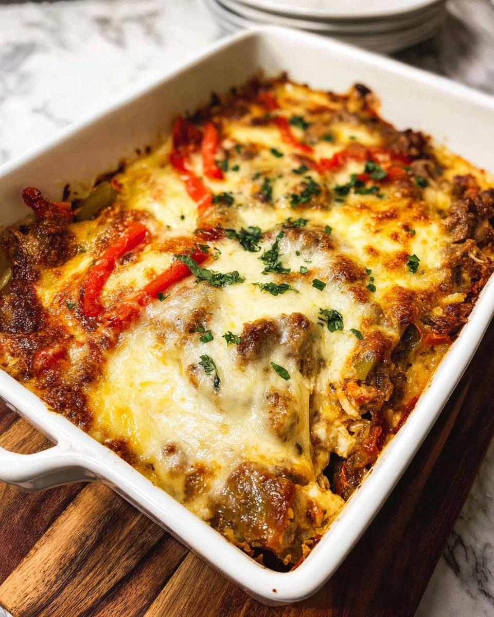 A close-up of a baked Low Carb Philly Cheesesteak Casserole in a white dish, topped with melted cheese and parsley.