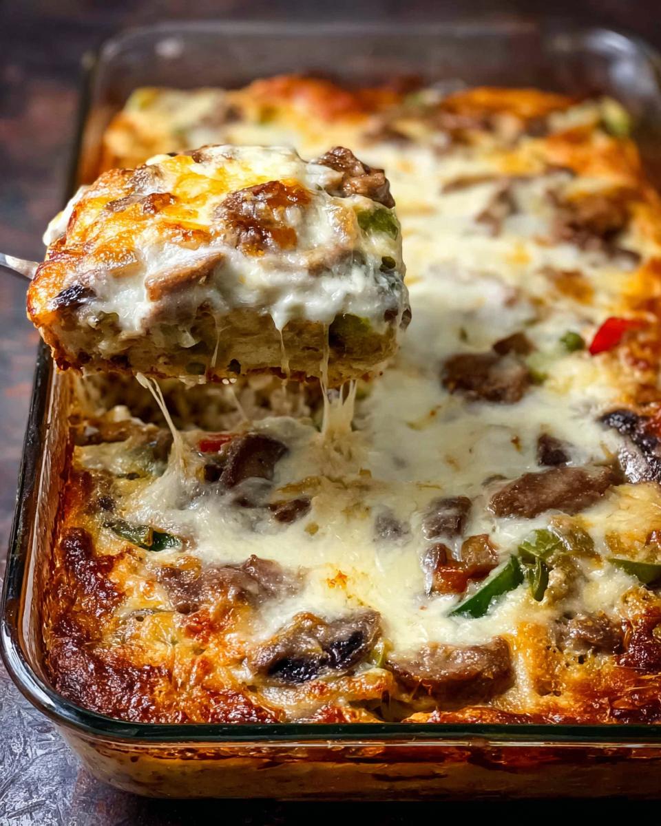 A slice of cheesy Low Carb Philly Cheesesteak Casserole being lifted from a baking dish, showing melted cheese and steak.