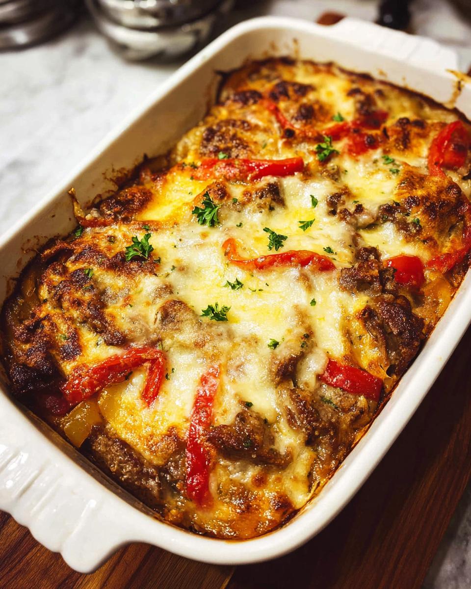 A golden-brown Low Carb Philly Cheesesteak Casserole topped with melted cheese and garnished with parsley.