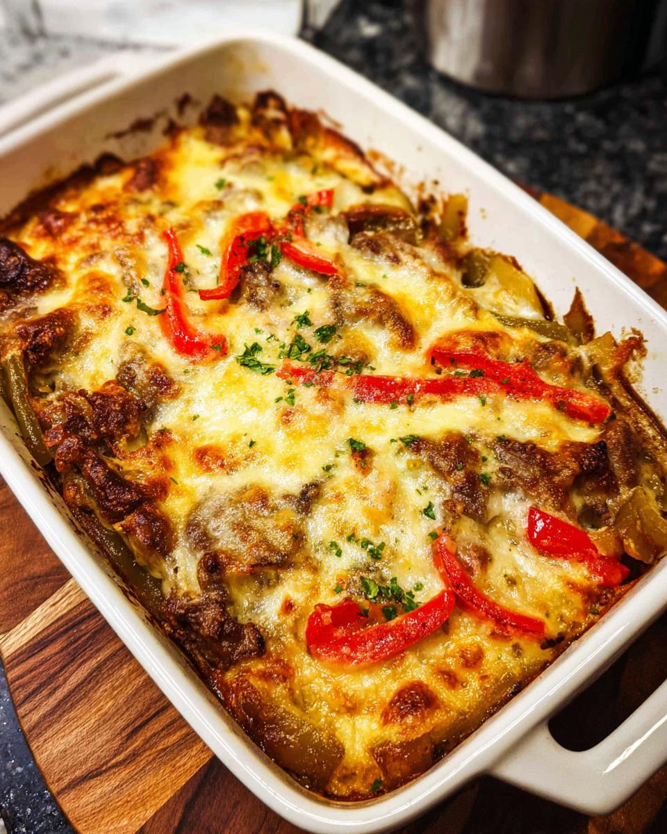 A freshly baked Low Carb Philly Cheesesteak Casserole in a white baking dish, topped with melted cheese and red bell pepper strips.