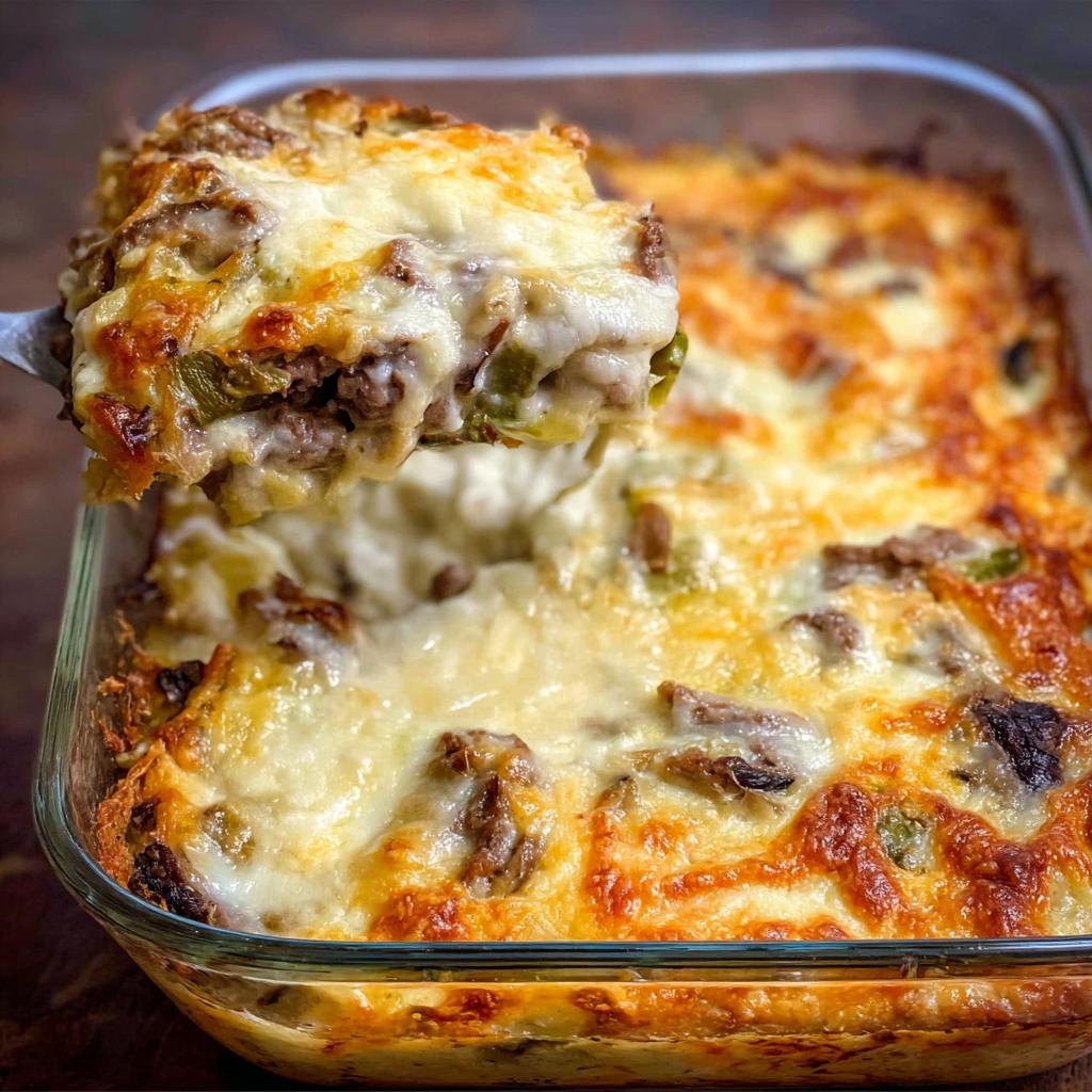 A scoop of cheesy Low Carb Philly Cheesesteak Casserole being lifted from a baking dish.