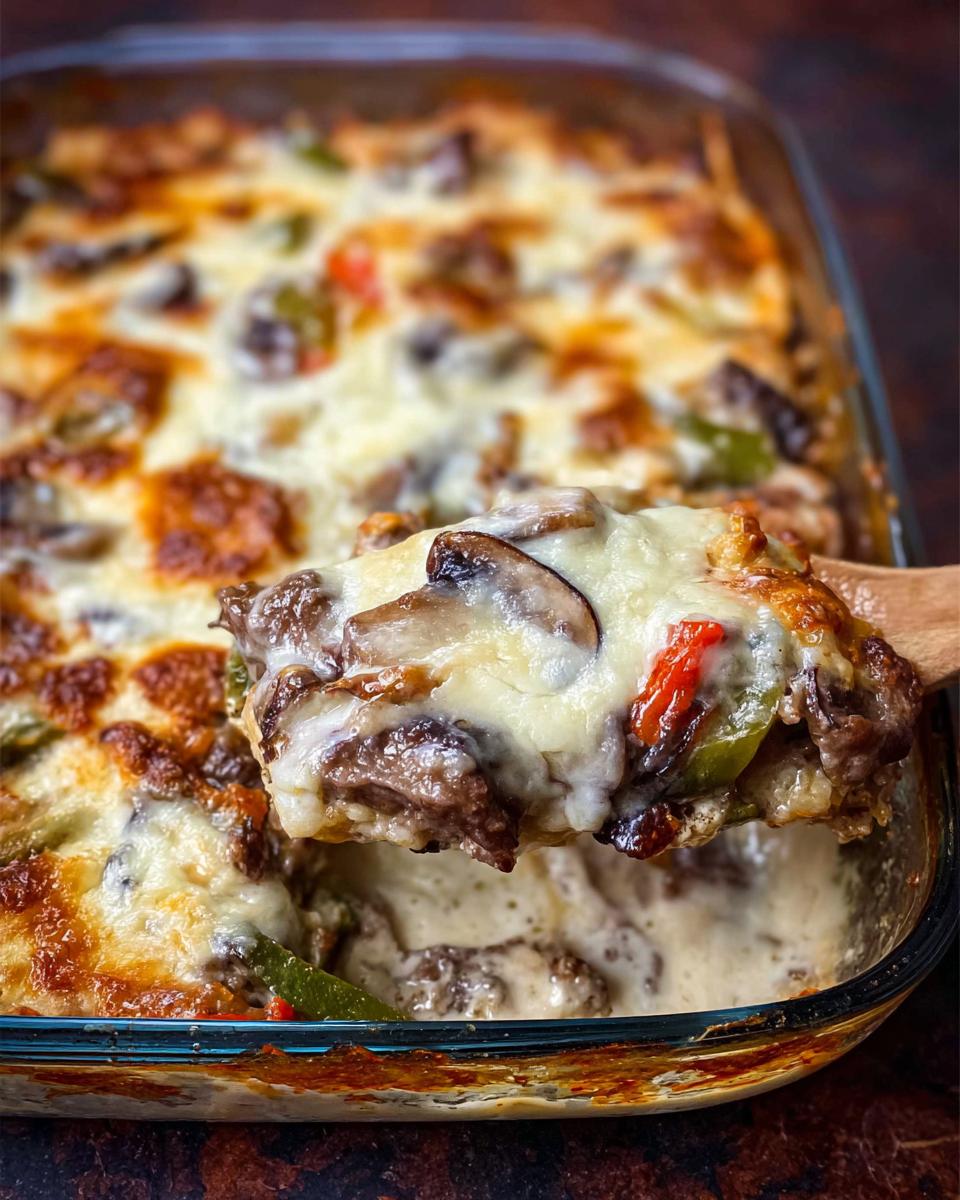 A spoonful of cheesy Low Carb Philly Cheesesteak Casserole with steak, peppers, and mushrooms.