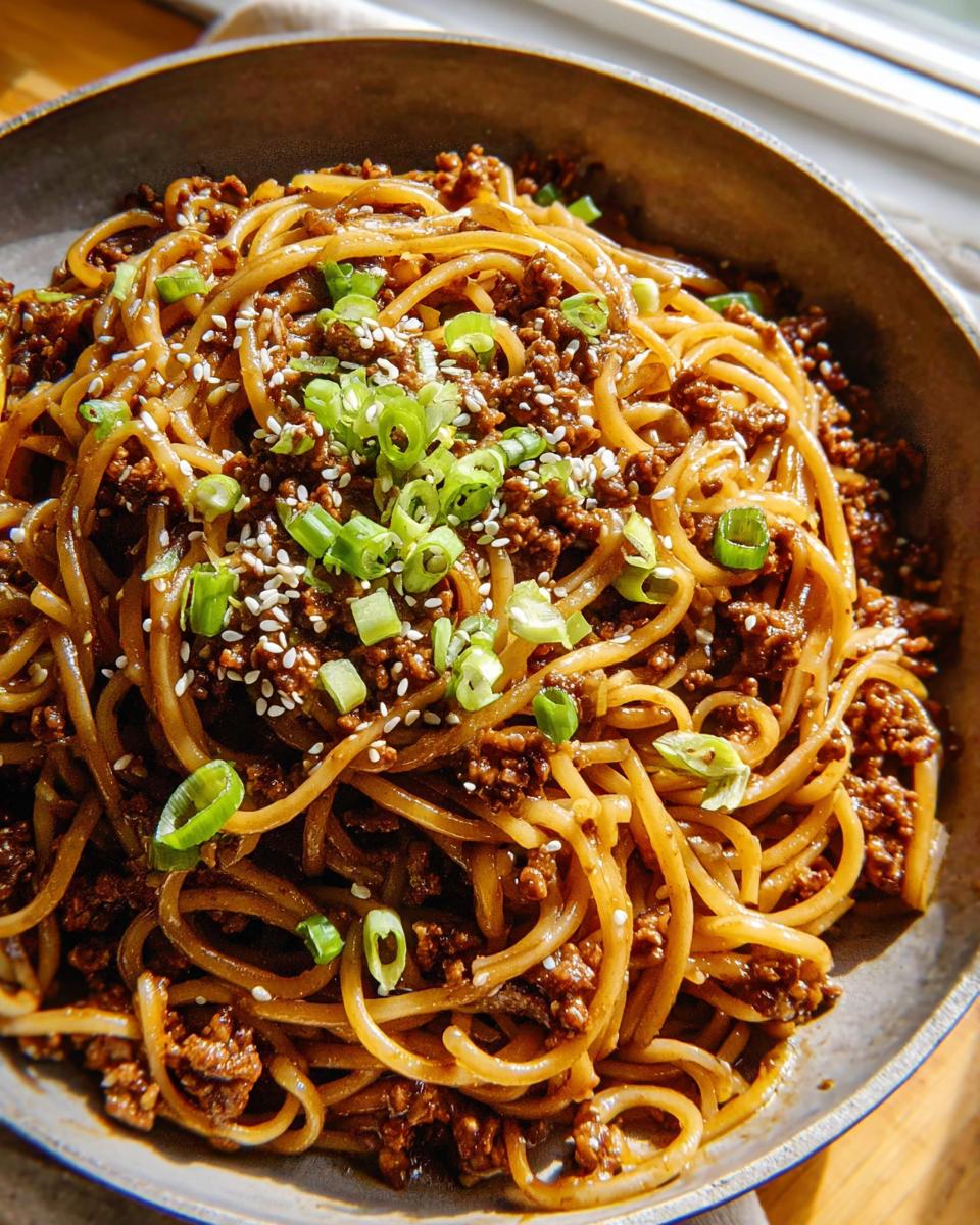 Close-up of a bowl of Mongolian Ground Beef Noodles, garnished with green onions and sesame seeds.