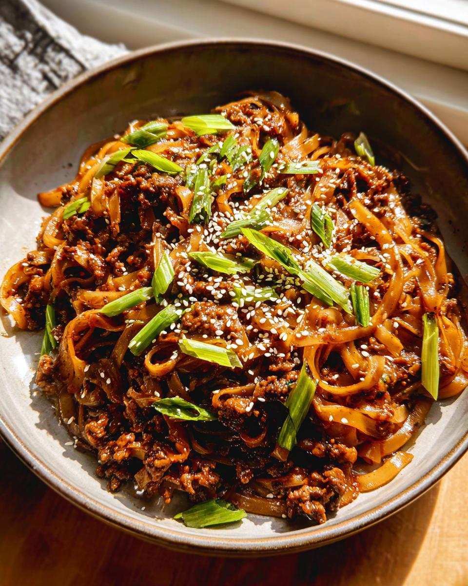 A close-up shot of a bowl filled with Mongolian Ground Beef Noodles, garnished with green onions and sesame seeds.