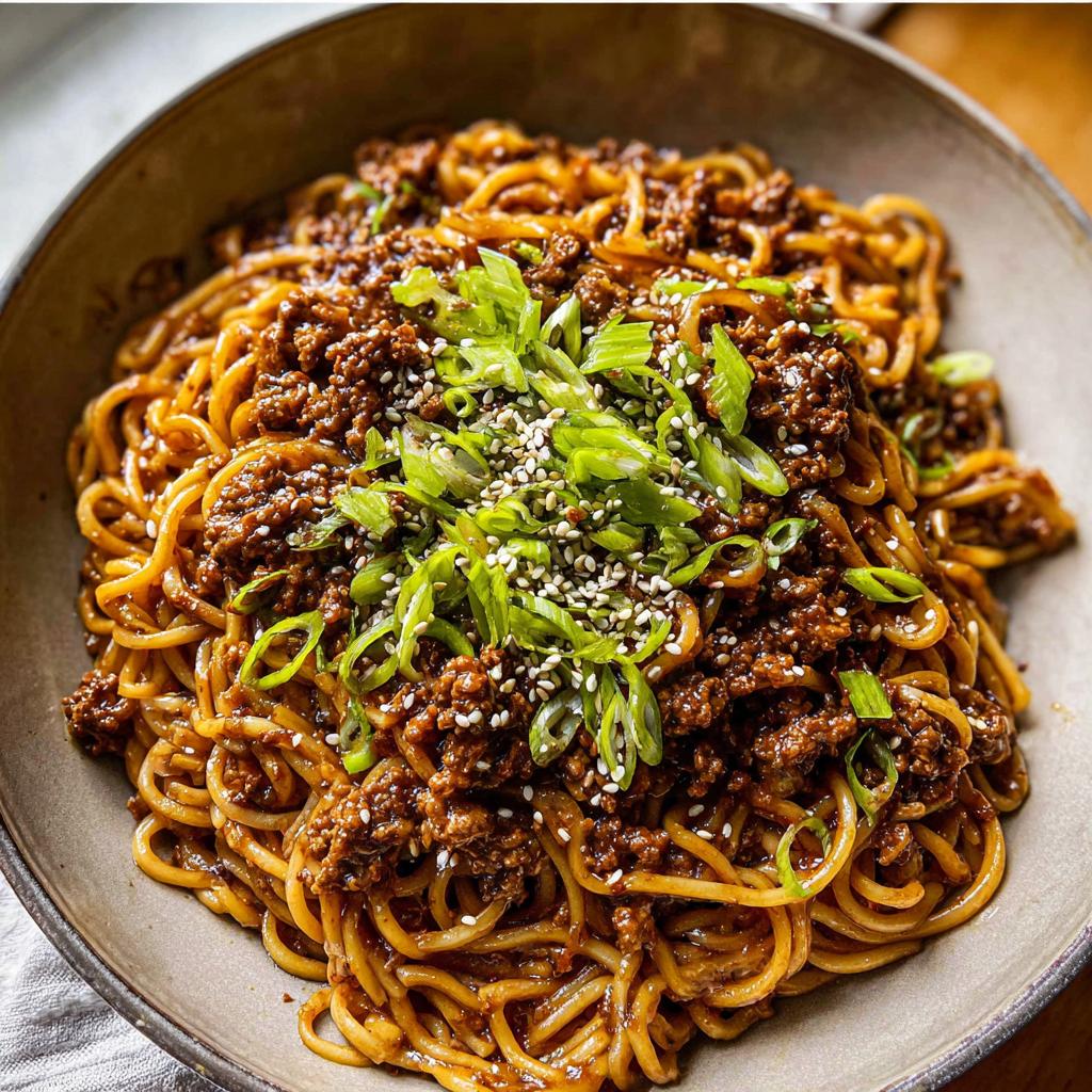 Close-up of a bowl of Mongolian Ground Beef Noodles, garnished with green onions and sesame seeds.