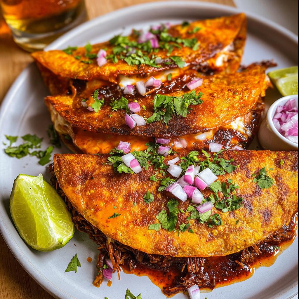 A plate of three delicious My Fave Birria Tacos, topped with chopped red onion and cilantro, served with lime wedges.