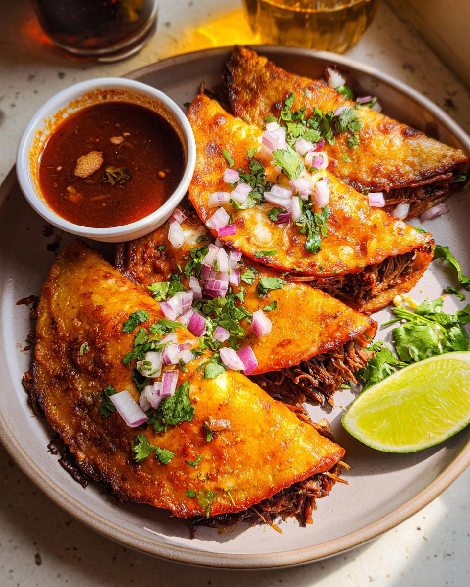 A plate of My Fave Birria Tacos, topped with red onion and cilantro, served with a side of consommé and a lime wedge.