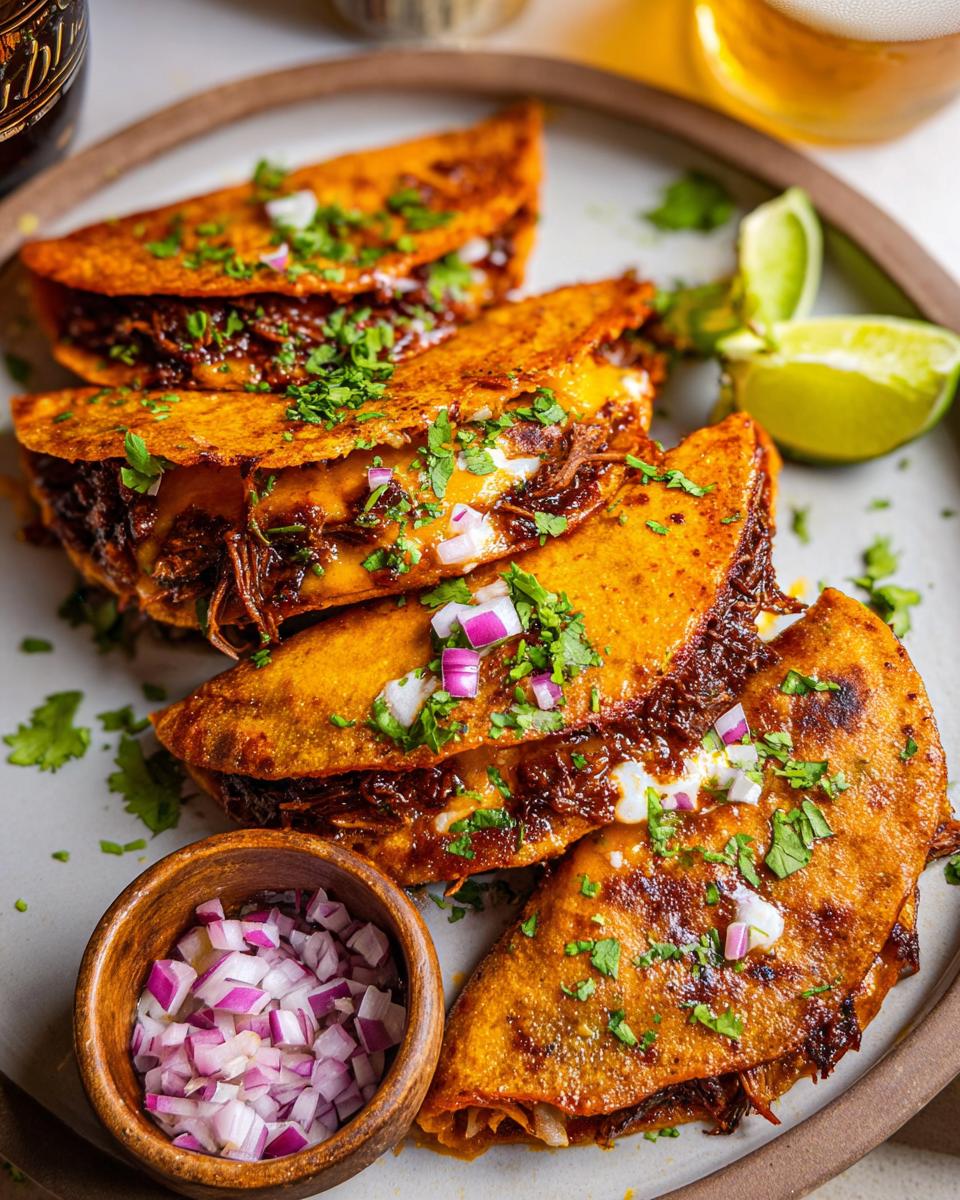 A close-up of My Fave Birria Tacos, filled with shredded meat, cheese, and topped with cilantro and red onion.