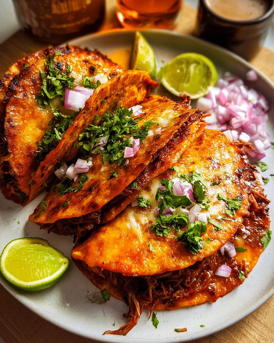 A plate of My Fave Birria Tacos, generously filled with shredded meat, topped with cilantro and red onion, served with lime wedges.