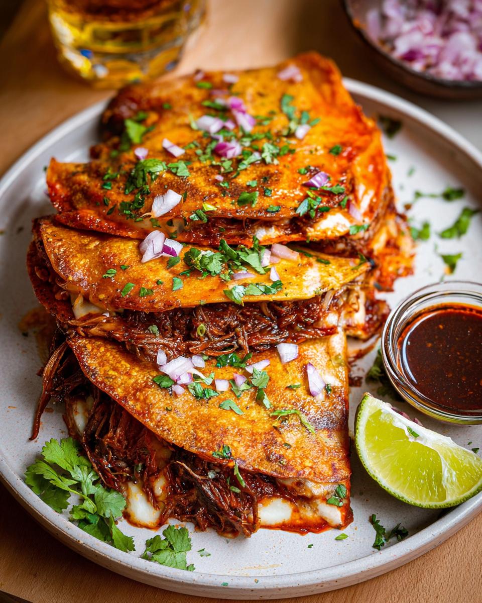 A close-up of a stack of My Fave Birria Tacos, filled with shredded beef and cheese, topped with onions and cilantro.