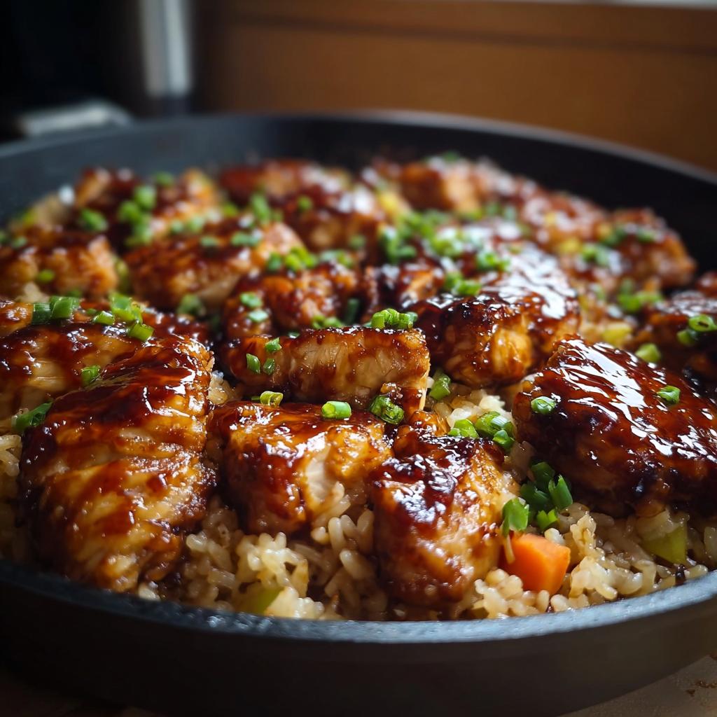 Close-up of a one-pan honey BBQ chicken rice dish, featuring glazed chicken pieces over seasoned rice with chopped green onions.