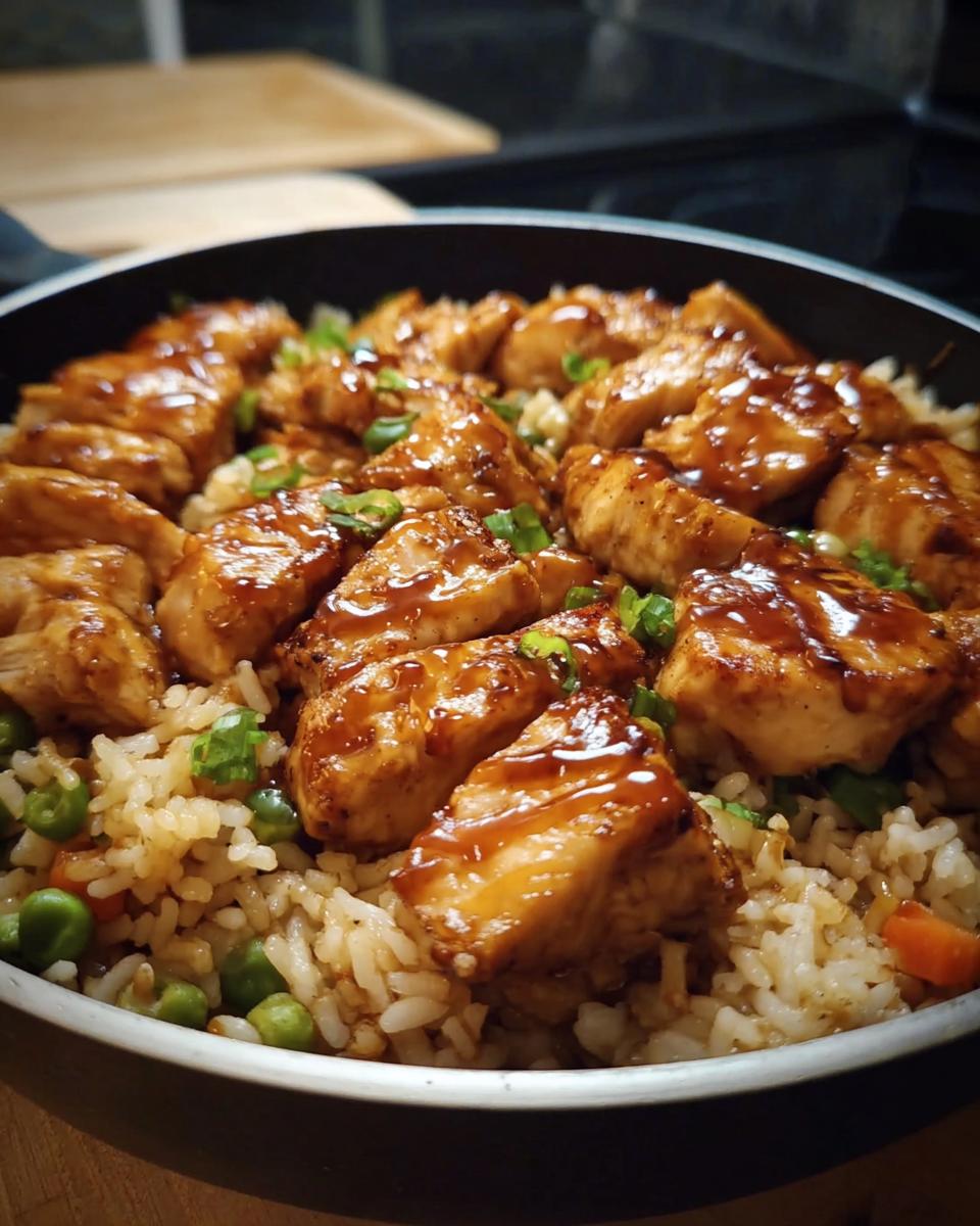 A close-up of a one-pan honey BBQ chicken rice dish, featuring glazed chicken pieces over rice with peas and carrots, garnished with green onions.