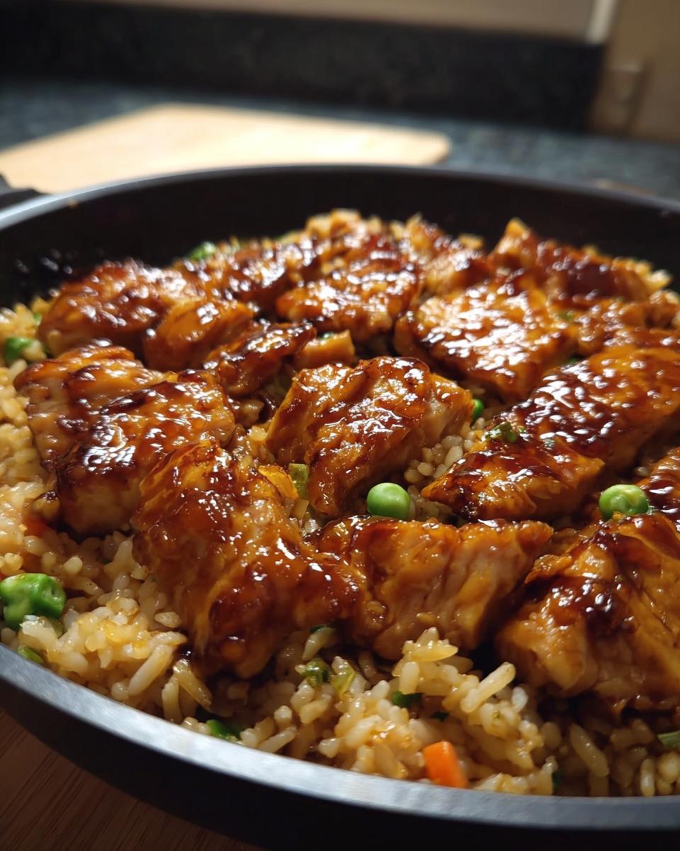 Close-up of a one-pan honey BBQ chicken rice dish with peas and carrots.
