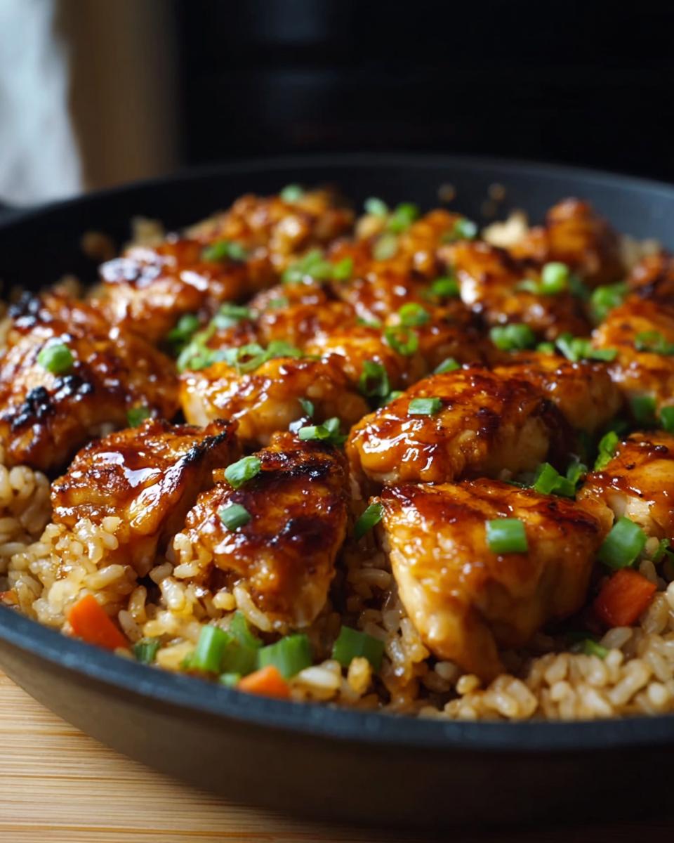Close-up of One-Pan Honey BBQ Chicken Rice with glazed chicken pieces and chopped scallions.