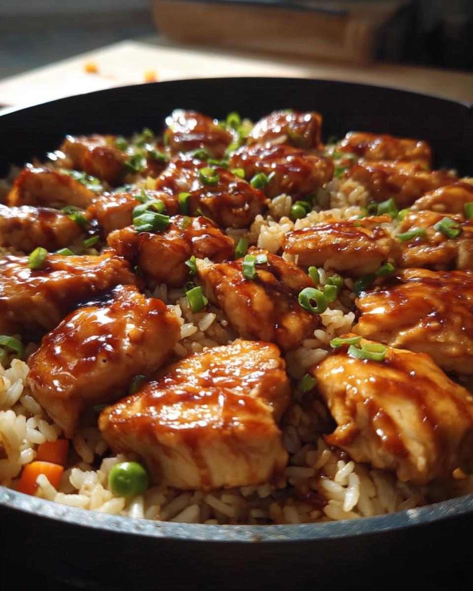 Close-up of a one-pan honey BBQ chicken rice dish, featuring glazed chicken pieces over rice with peas and carrots, garnished with green onions.