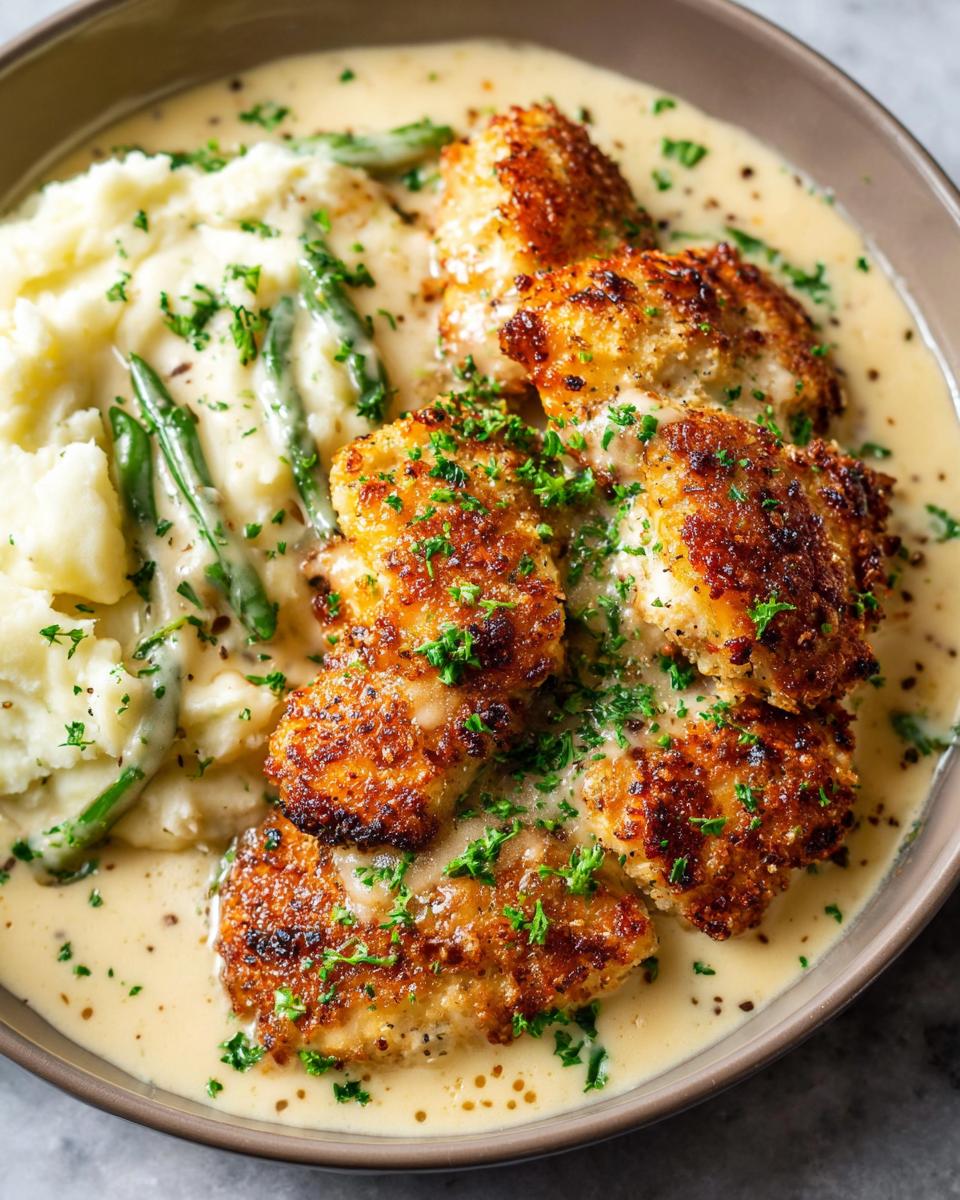 Close-up of Parmesan Crusted Chicken with Creamy Garlic Sauce, served with mashed potatoes and green beans.