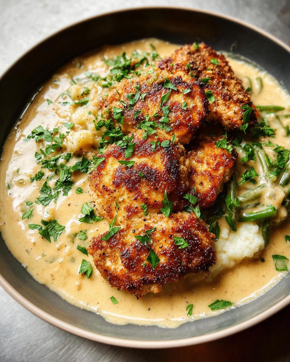 Golden Parmesan Crusted Chicken served with creamy garlic sauce, mashed potatoes, and green beans, garnished with parsley.