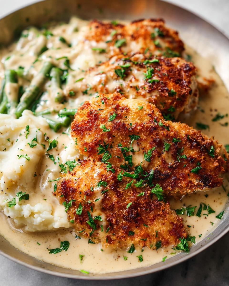Close-up of golden Parmesan Crusted Chicken served with creamy garlic sauce, mashed potatoes, and green beans.