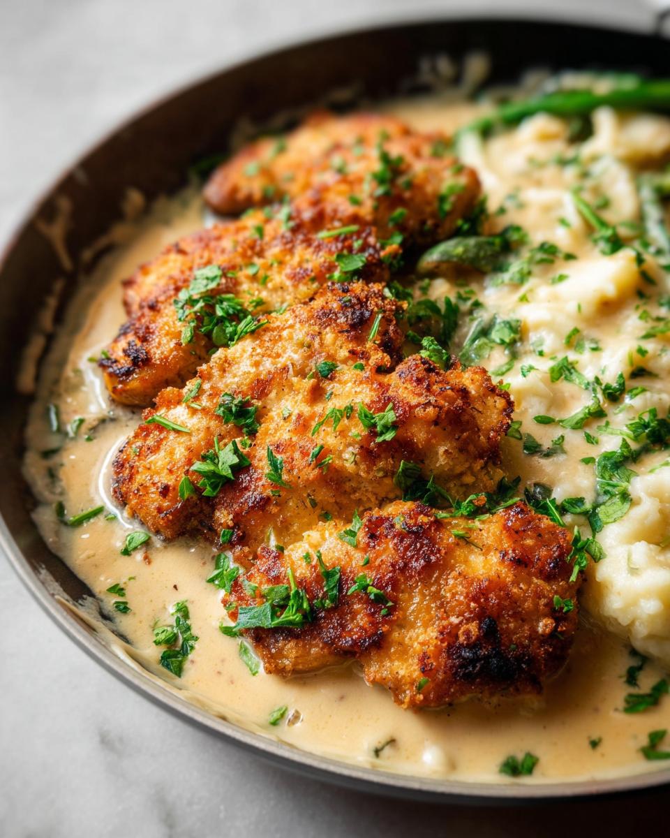 Golden brown Parmesan Crusted Chicken served with mashed potatoes and creamy garlic sauce, garnished with parsley.