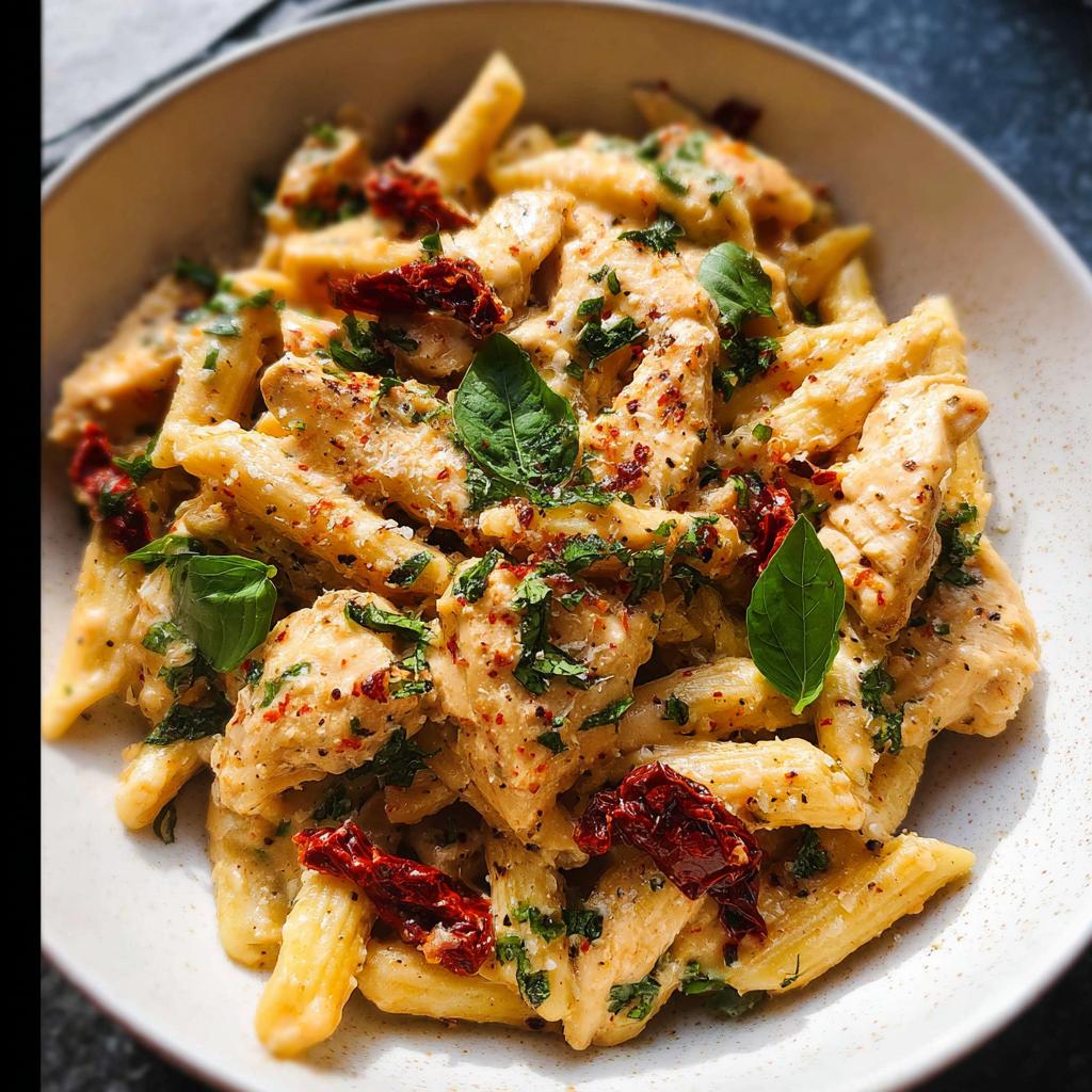 A close-up of creamy Parmesan Marry Me Chicken Pasta with penne, chicken strips, sun-dried tomatoes, and fresh basil.