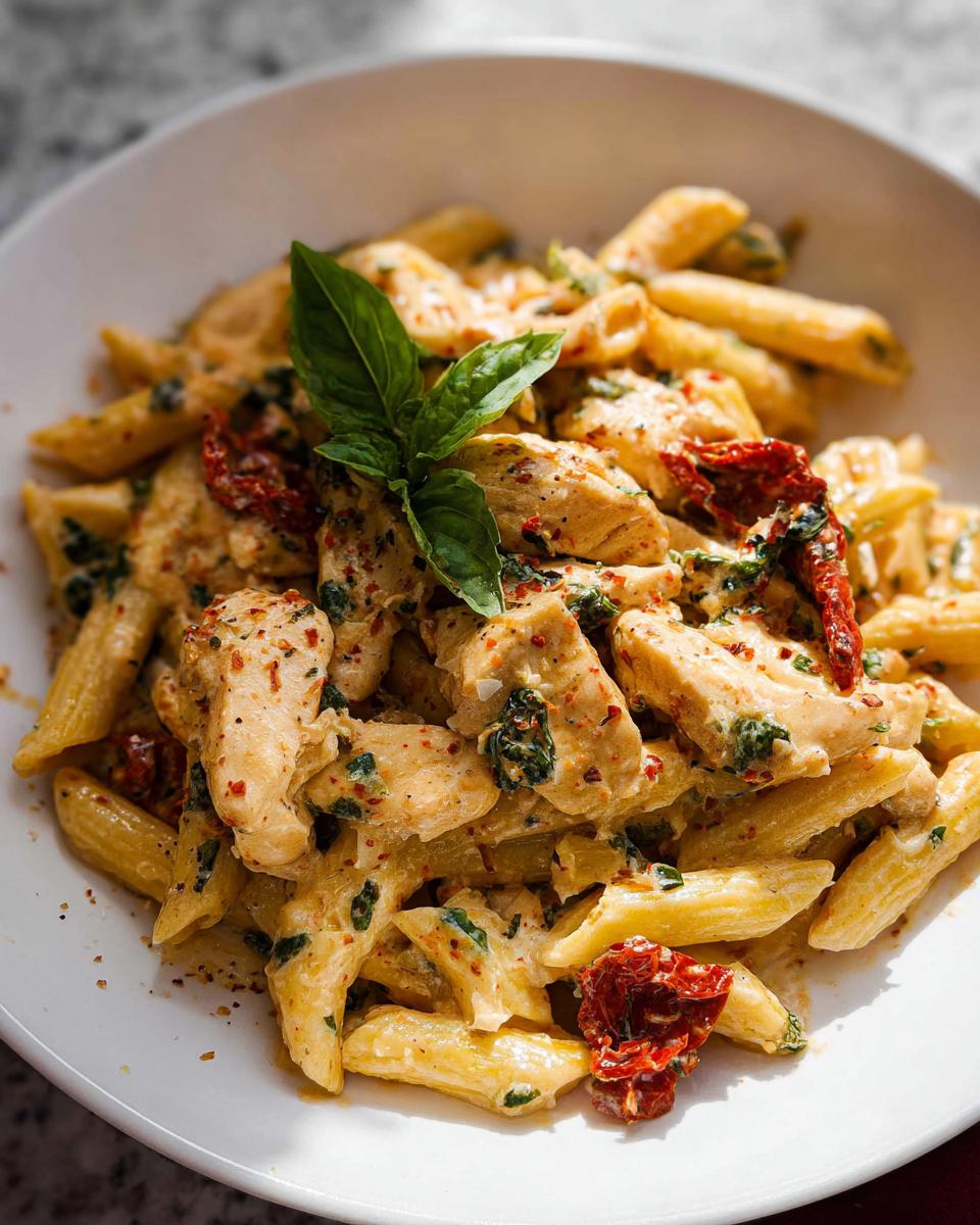A close-up of creamy Parmesan Marry Me Chicken Pasta, featuring penne, chicken pieces, sun-dried tomatoes, and fresh basil.
