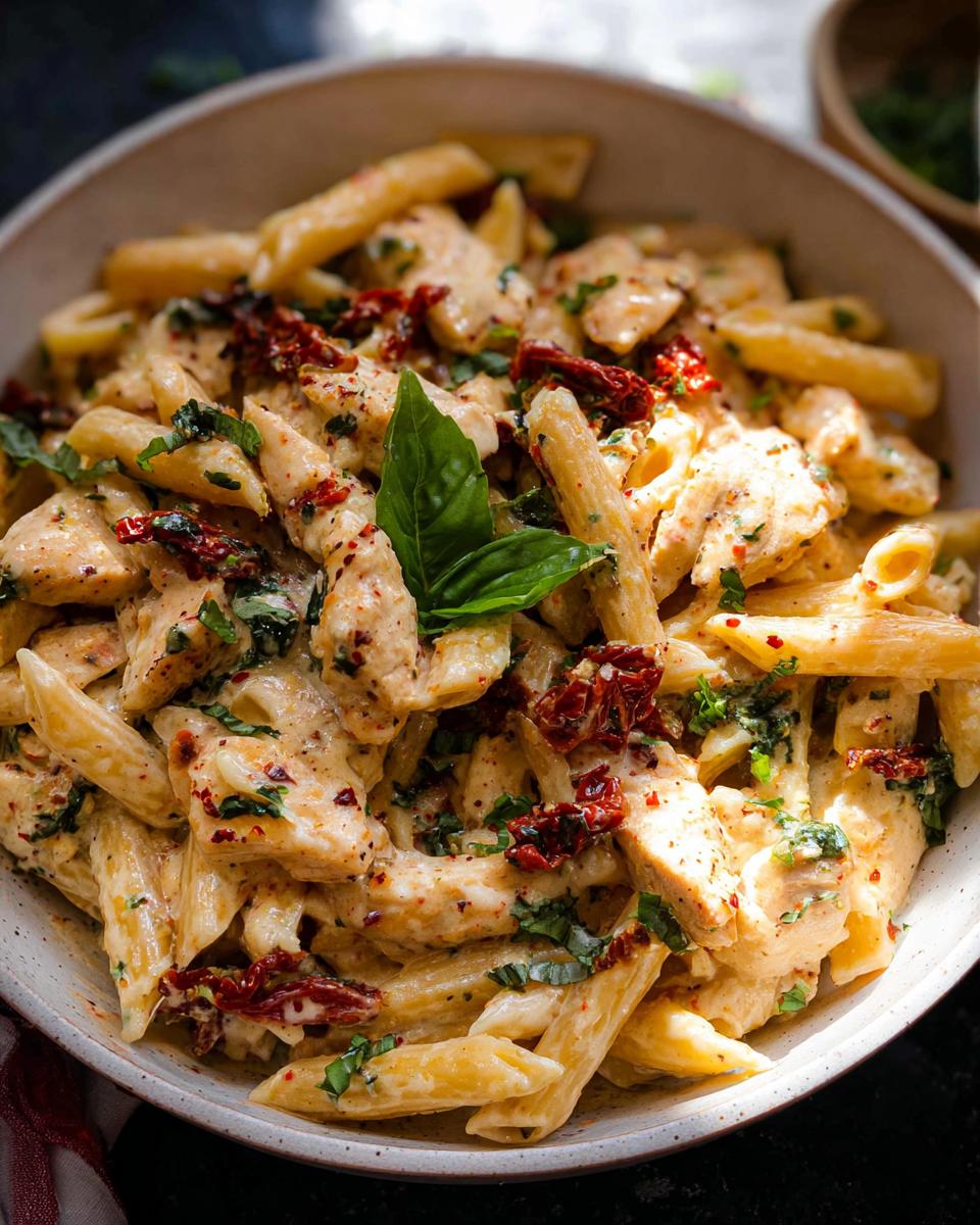 A close-up of creamy Parmesan Marry Me Chicken Pasta with penne, chicken pieces, and sun-dried tomatoes.