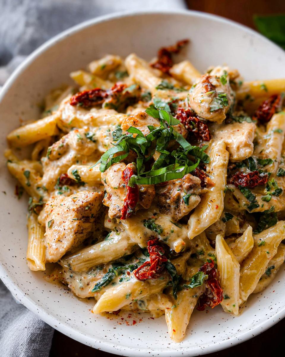 A bowl of creamy Parmesan Marry Me Chicken Pasta with penne, chicken pieces, sun-dried tomatoes, and fresh basil.